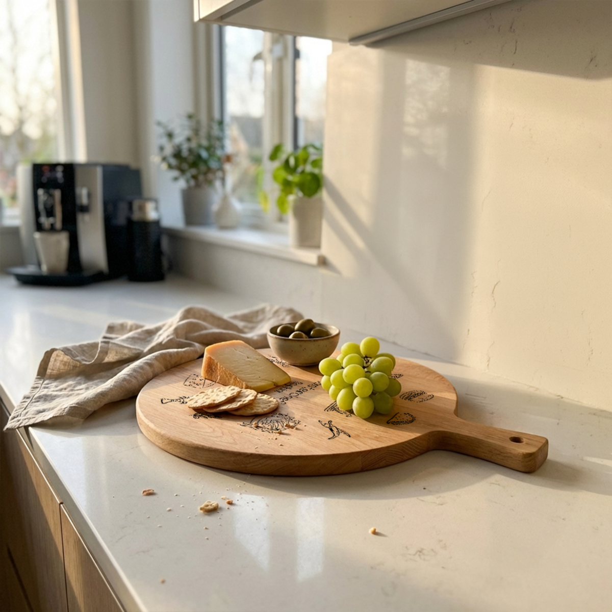 Servierbrett mit Käse, Crackern, Oliven und Trauben Servierbrett mit Käse, Crackern, Oliven und Trauben