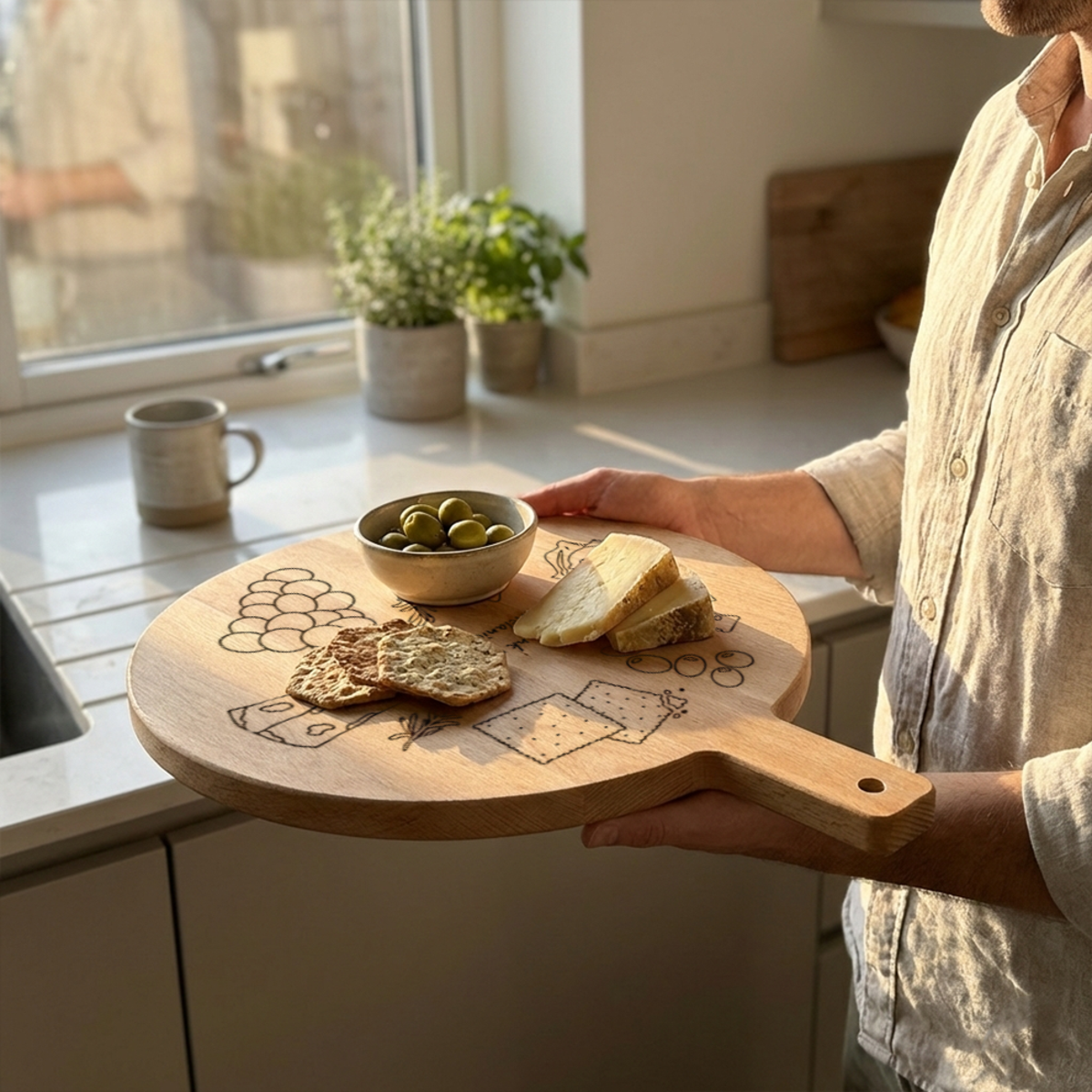 Servierbrett mit Käse, Crackern und Oliven Servierbrett mit Käse, Crackern und Oliven