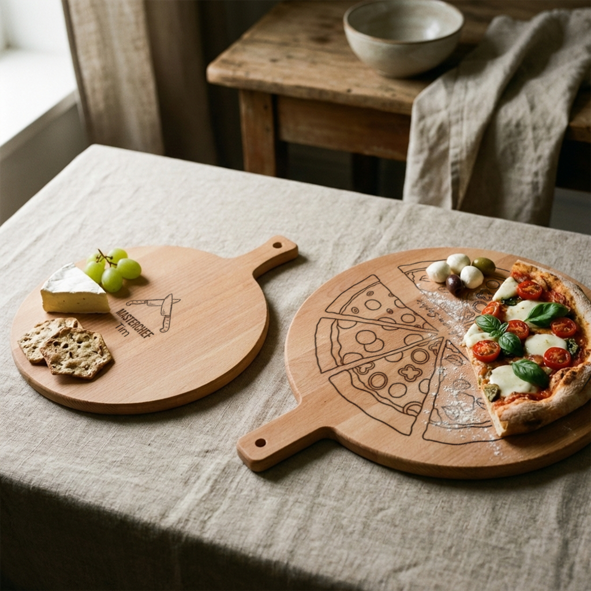 Servierbrett mit Käse, Crackern und Trauben neben Pizzabrett Servierbrett mit Käse, Crackern und Trauben neben Pizzabrett