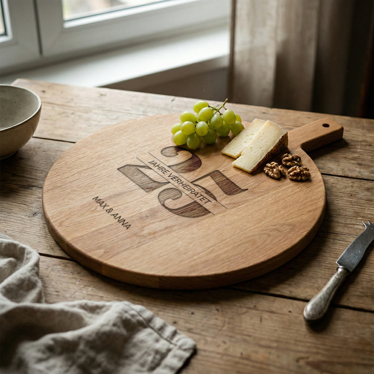Servierbrettrund mit gravur jahre verheiratet
