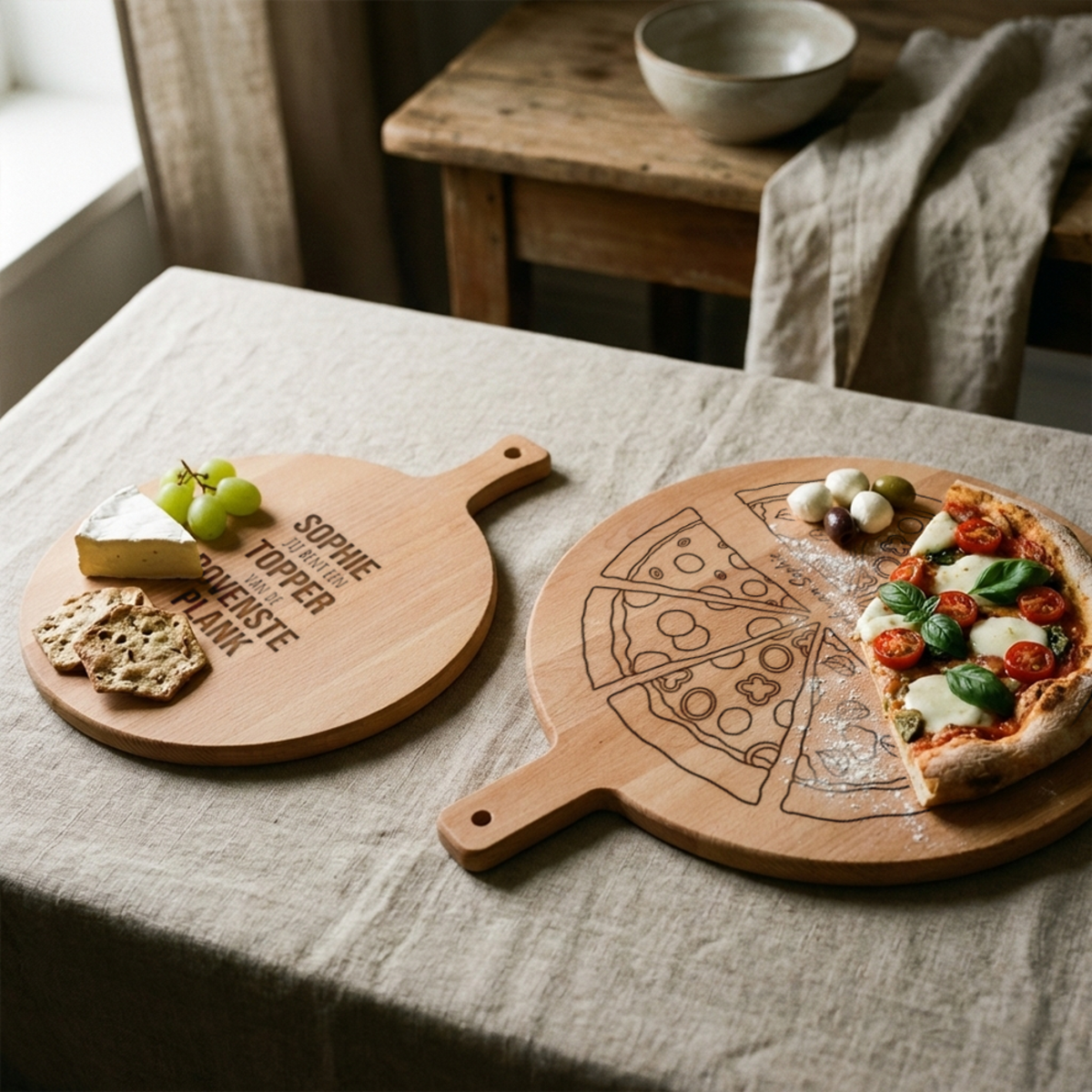 Serveerplank met tekst en pizza Serveerplank met tekst en pizza