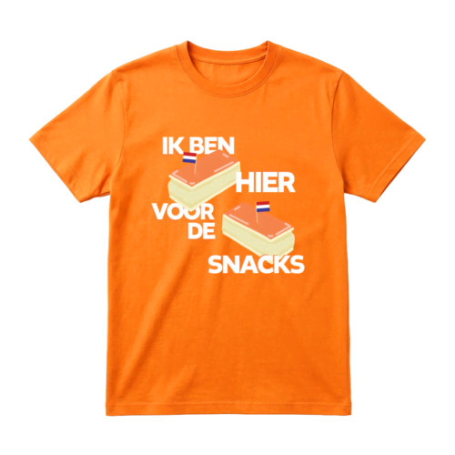 Oranje T shirt ik ben hier voor de snacks