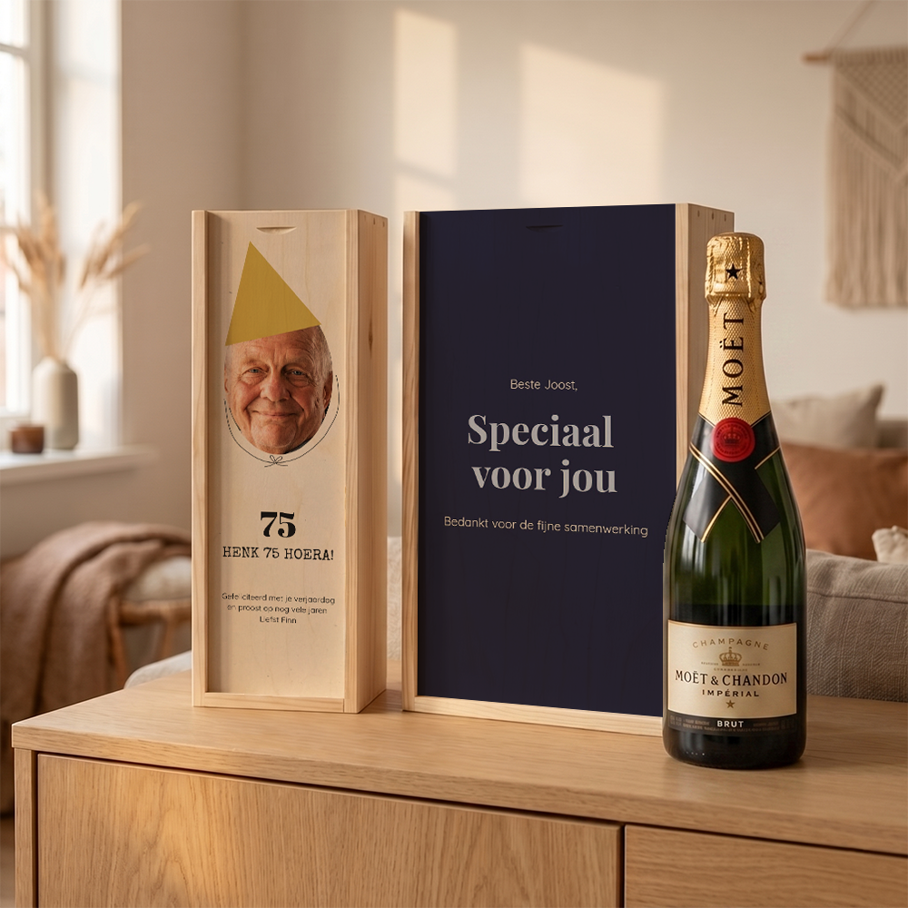 Groep gepersonaliseerde champagnekisten Groep gepersonaliseerde champagnekisten