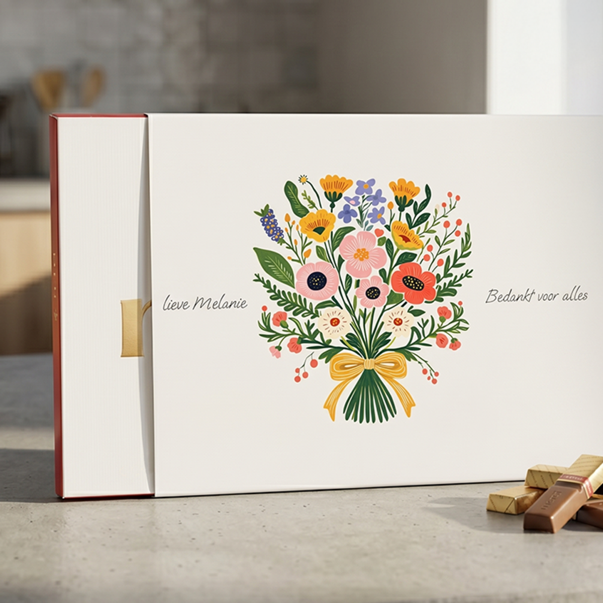 Merci chocolade 400 gram foto met bloemen Merci chocolade 400 gram foto met bloemen