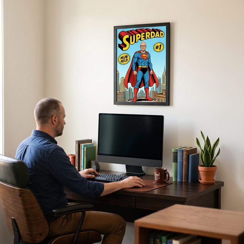 Papa poster kale man met bureau Papa poster kale man met bureau